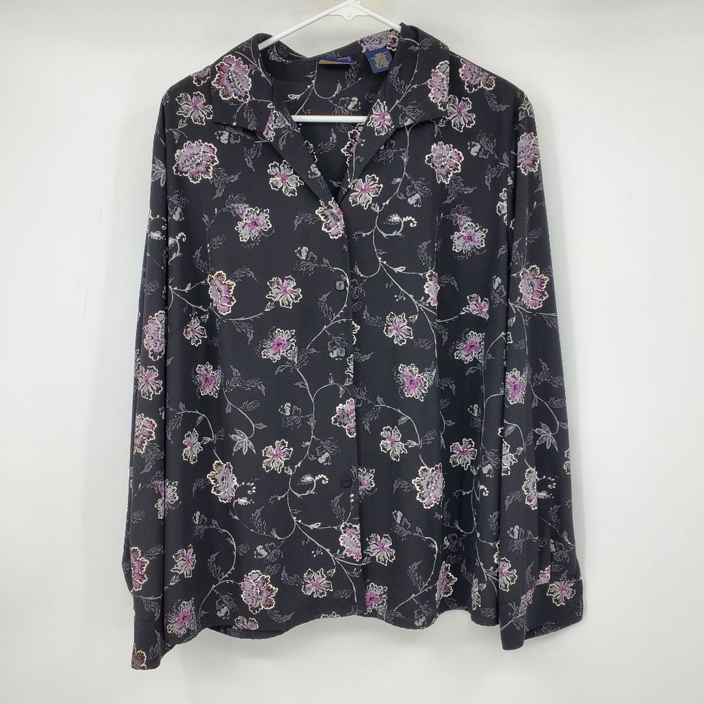 Laura Scott Black Long Sleeved Floral Print Button Down Shirt Size 18W
